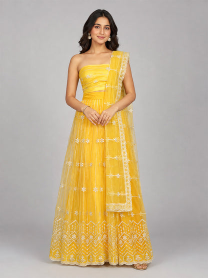 Yellow Net Embroidered Lehenga