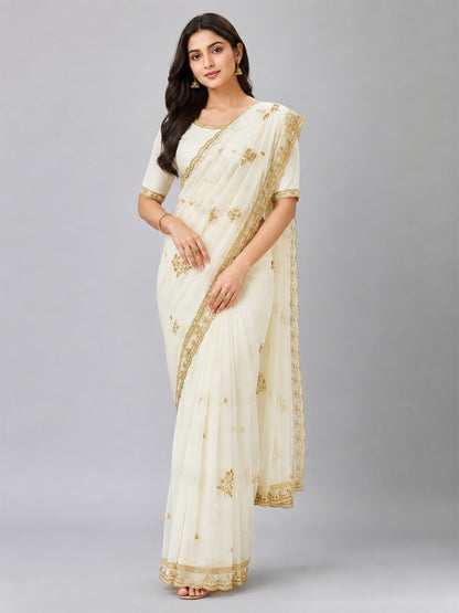 White Silk Blend Embellished Saree