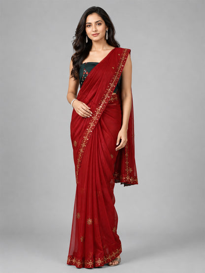 Maroon Net Embellished Saree