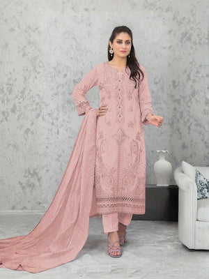 Rajwada Pink Cotton Blend Embroidered Semi Stitched Kurta Set For Women
