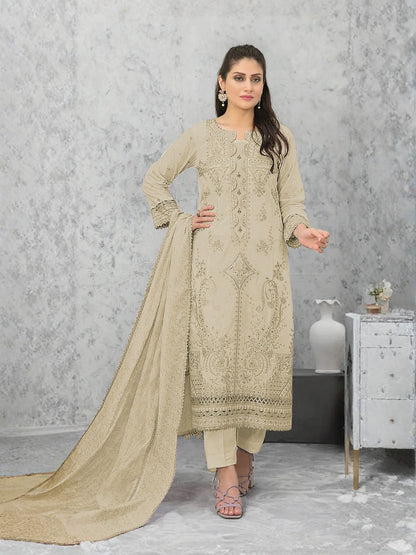 Rajwada Light Beige Cotton Blend Embroidered Semi Stitched Kurta Set For Women