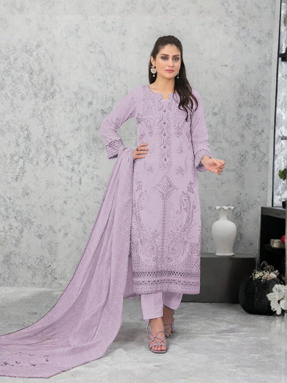 Rajwada Lavender Cotton Blend Embroidered Semi Stitched Kurta Set For Women