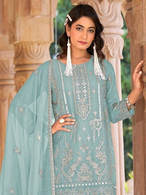 Rajwada Sky Blue Organza Embroidered Semi-Sitched Kurta Set For Women