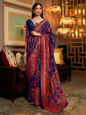 Rajwada Navy Blue Printed Silk Blend Saree With Unstitched Blouse For Women