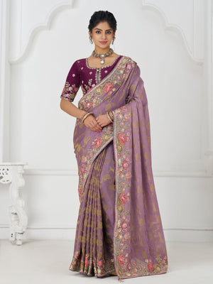 Rajwada Lavender Viscose Silk Embroidered Saree For Women