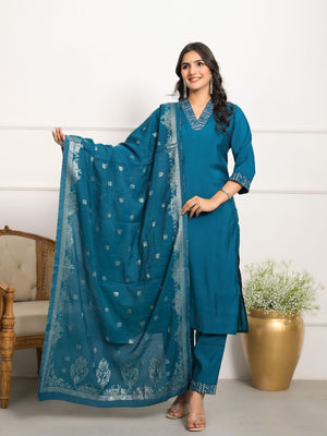 Rajwada Teal Viscose Chanderi Embroidered Stitched Kurta Set For Women