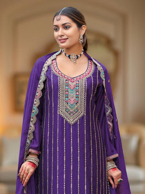 Rajwada Purple Chinon Embroidered Stitched Kurta Set For Women