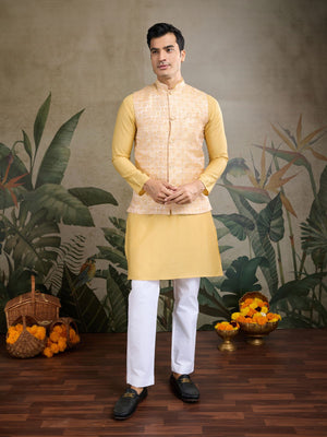 Rajwada Yellow Viscose Silk Woven Stitched Kurta For Men