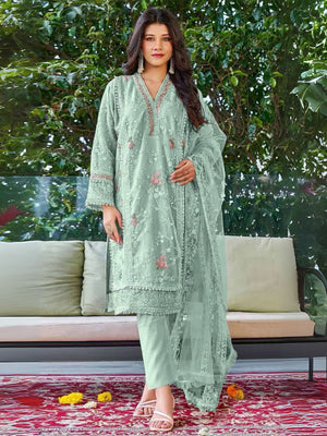 Rajwada Sky Blue Organza Embroidered Semi Stitched Kurta Set For Women