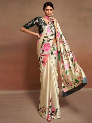 Rajwada Cream Satin Printed Saree With Unstitched Blouse For Women
