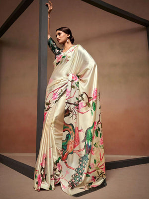 Rajwada Cream Satin Printed Saree With Unstitched Blouse For Women