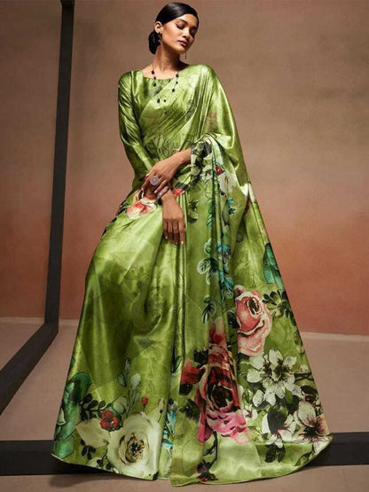 Rajwada Olive Satin Printed Saree With Unstitched Blouse For Women