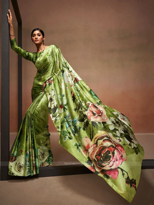 Rajwada Olive Satin Printed Saree With Unstitched Blouse For Women
