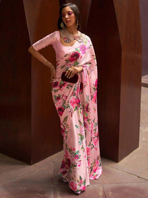 Rajwada Pink Satin Printed Saree With Unstitched Blouse For Women
