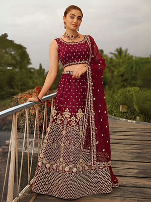 Rajwada Maroon Satin Silk Embroidered Semi-Stitched Lehenga For Women