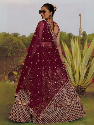 Rajwada Maroon Satin Silk Embroidered Semi-Stitched Lehenga For Women