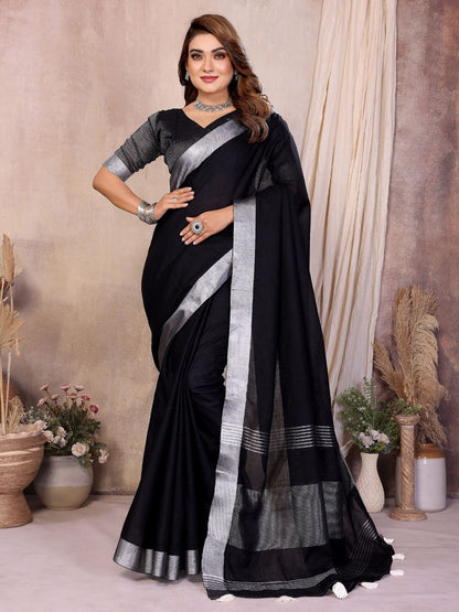Rajwada Black Cotton Blend Solid Saree For Women