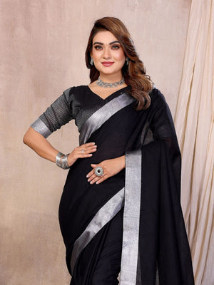 Rajwada Black Cotton Blend Solid Saree For Women