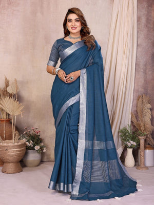 Rajwada Teal Blue Cotton Blend Solid Saree For Women