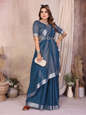 Rajwada Teal Blue Cotton Blend Solid Saree For Women