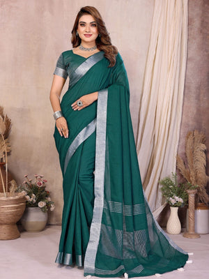 Rajwada Teal Green Cotton Blend Solid Saree For Women
