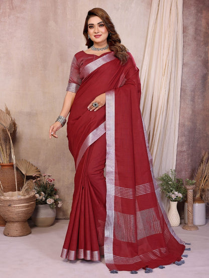 Rajwada Maroon Cotton Blend Solid Saree For Women