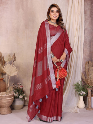Rajwada Maroon Cotton Blend Solid Saree For Women