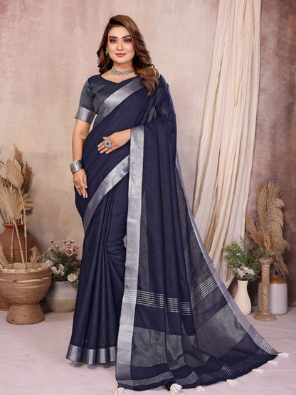 Rajwada Navy Blue Cotton Blend Solid Saree For Women