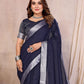 Rajwada Navy Blue Cotton Blend Solid Saree For Women