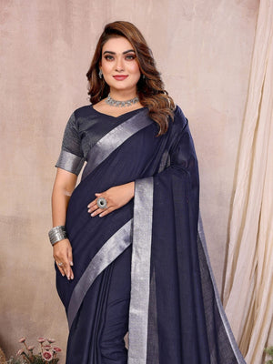 Rajwada Navy Blue Cotton Blend Solid Saree For Women