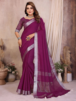 Rajwada Wine Cotton Blend Solid Saree For Women