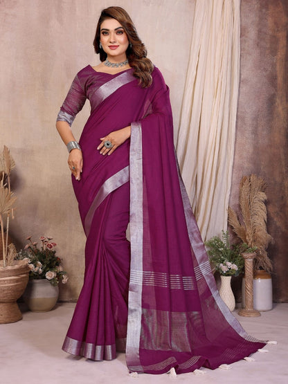 Rajwada Wine Cotton Blend Solid Saree For Women