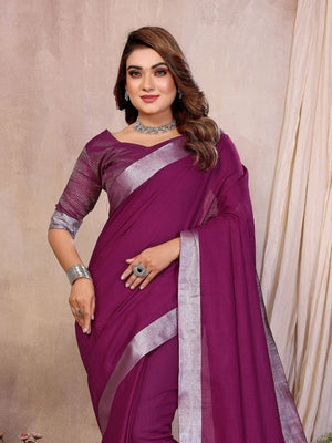 Rajwada Wine Cotton Blend Solid Saree For Women