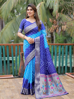 Rajwada Royal Blue And Sky Blue Silk Blend Embroidered Saree For Women