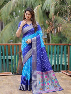 Rajwada Royal Blue And Sky Blue Silk Blend Embroidered Saree For Women