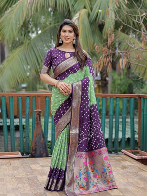 Rajwada Purple And Green Silk Blend Embroidered Saree For Women