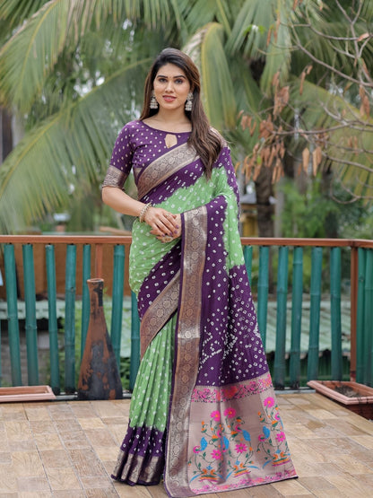 Rajwada Purple And Green Silk Blend Embroidered Saree For Women