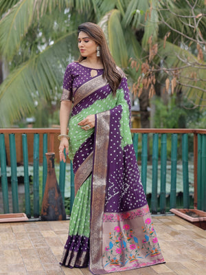 Rajwada Purple And Green Silk Blend Embroidered Saree For Women