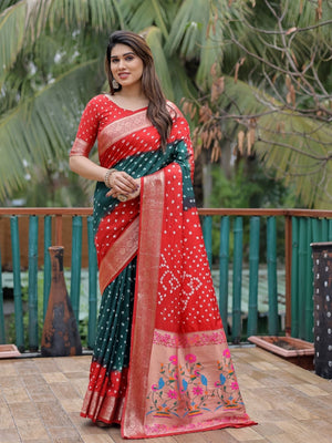 Rajwada Red And Green Silk Blend Embroidered Saree For Women