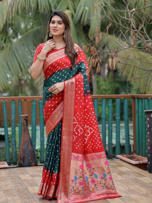 Rajwada Red And Green Silk Blend Embroidered Saree For Women