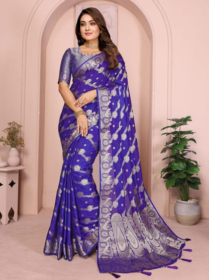 Rajwada Royal Blue Silk Blend Solid Saree For Women