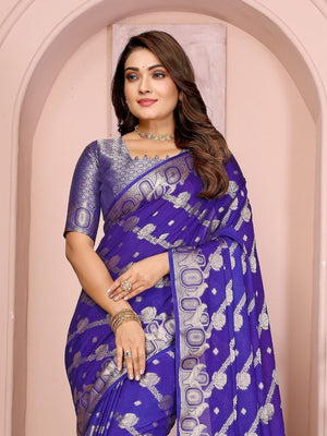 Rajwada Royal Blue Silk Blend Solid Saree For Women