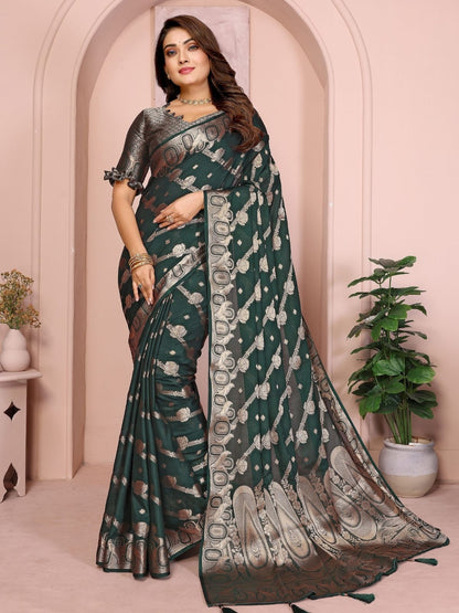 Rajwada Dark Green Silk Blend Solid Saree For Women