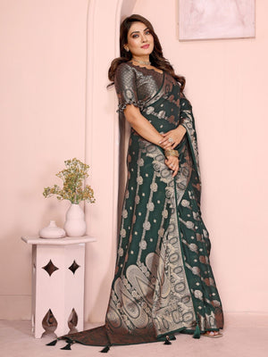 Rajwada Dark Green Silk Blend Solid Saree For Women