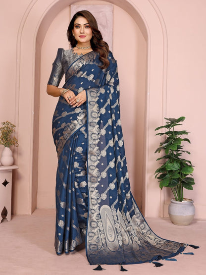 Rajwada Steal Blue Silk Blend Solid Saree For Women