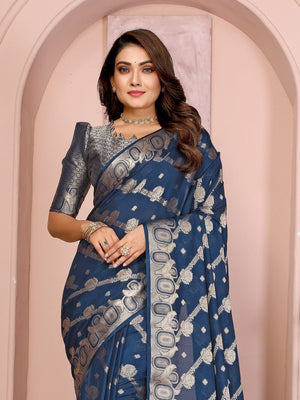 Rajwada Steal Blue Silk Blend Solid Saree For Women