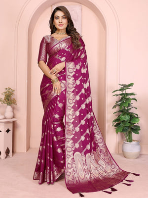 Rajwada Magenta Wine Silk Blend Solid Saree For Women