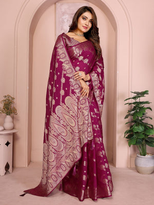 Rajwada Magenta Wine Silk Blend Solid Saree For Women