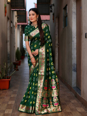 Rajwada Dark Green Silk Blend Embroidered Saree For Women