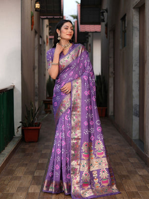 Rajwada Lavender Silk Blend Embroidered Saree For Women